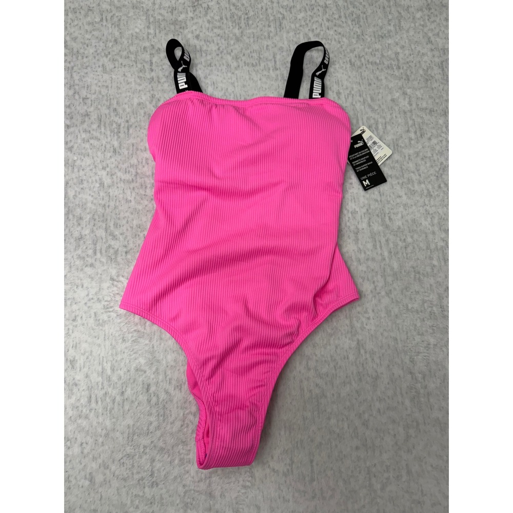 Puma‎ Womens Pink Ribbed One Piece Swimsuit Logo Straps Size M 1966-110947-SP25